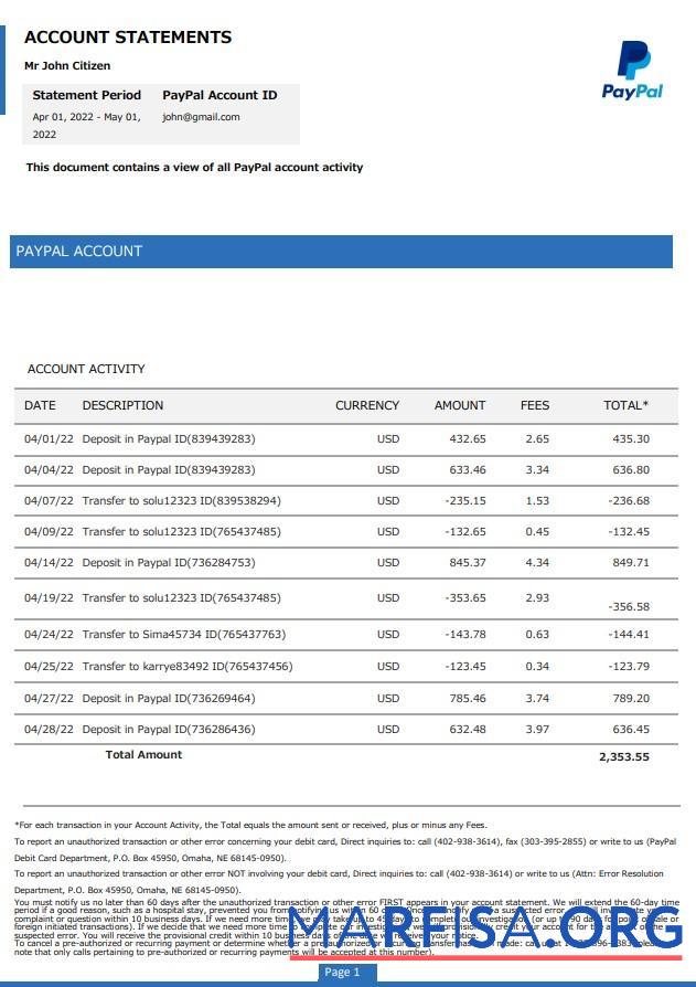 Blank USA PayPal bank account statement word download for verification